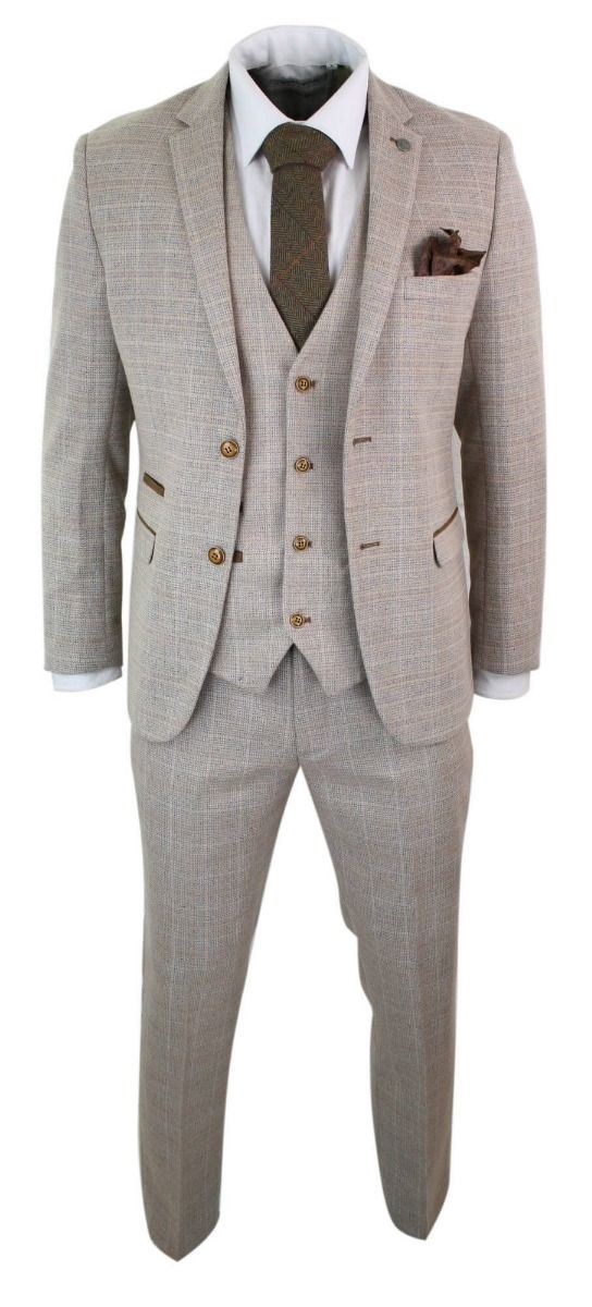 Mens 3 Piece Beige Tweed Check Vintage Retro Suit