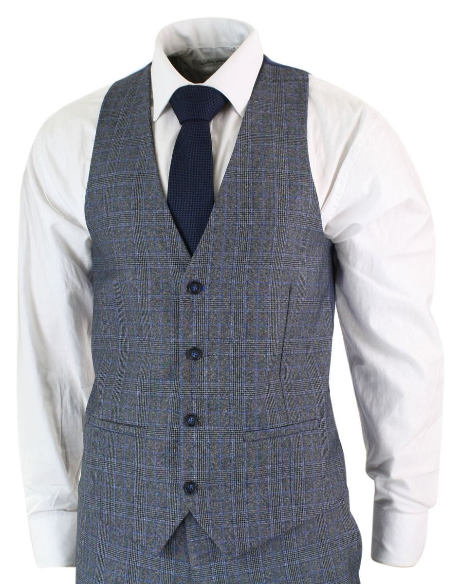Mens 3 Piece Grey Blue Check Vintage Retro Suit