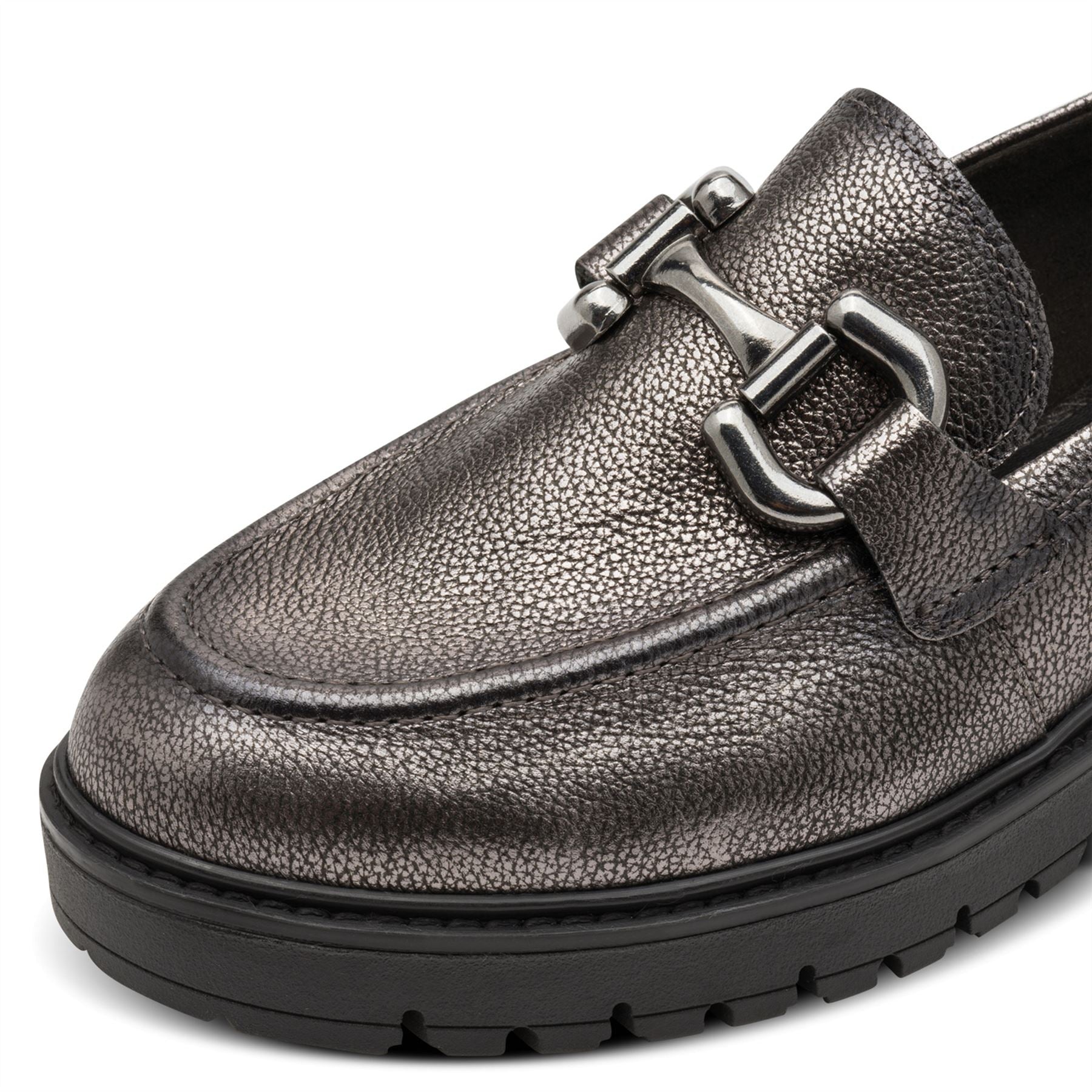 Tamaris Womens Pewter Silver Leather Loafers Slip-On Platform Shoes