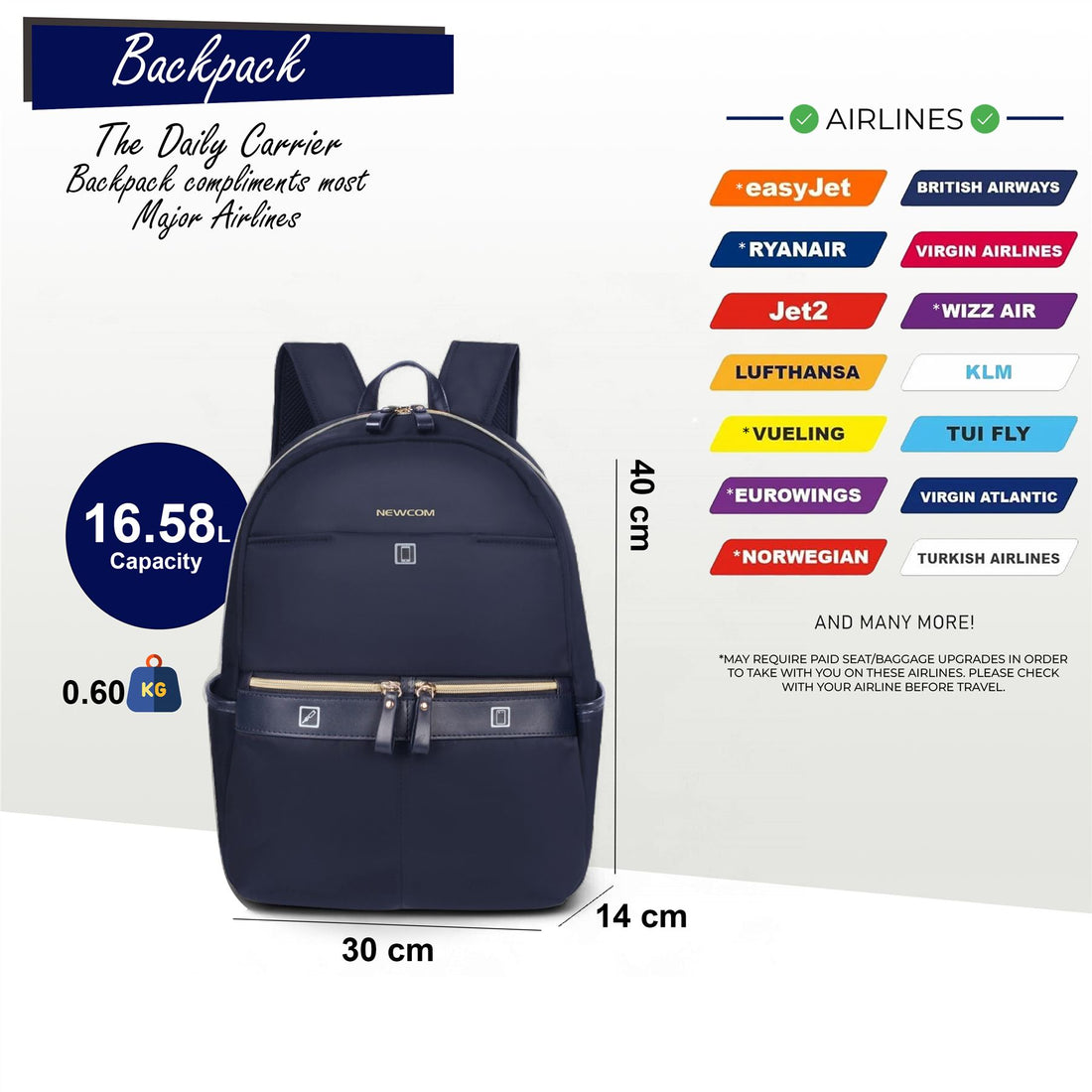 Backpack Rucksack 40 x 30 x 14 cm Blue Underseat Travel Cabin Bag for Ryanair, Easy Jet