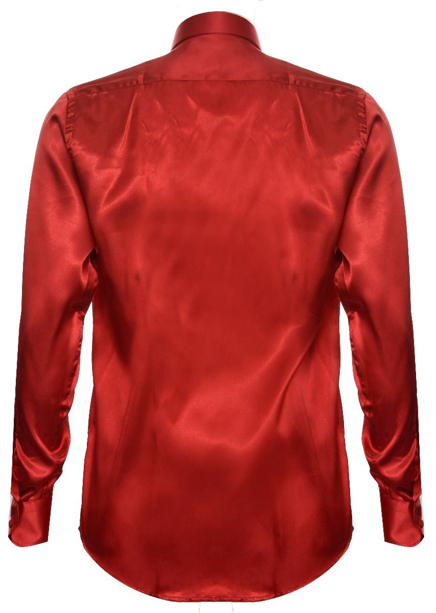 Mens Red Satin Silk Shirt Smart Casual Button Down Cuff Tailored Fit