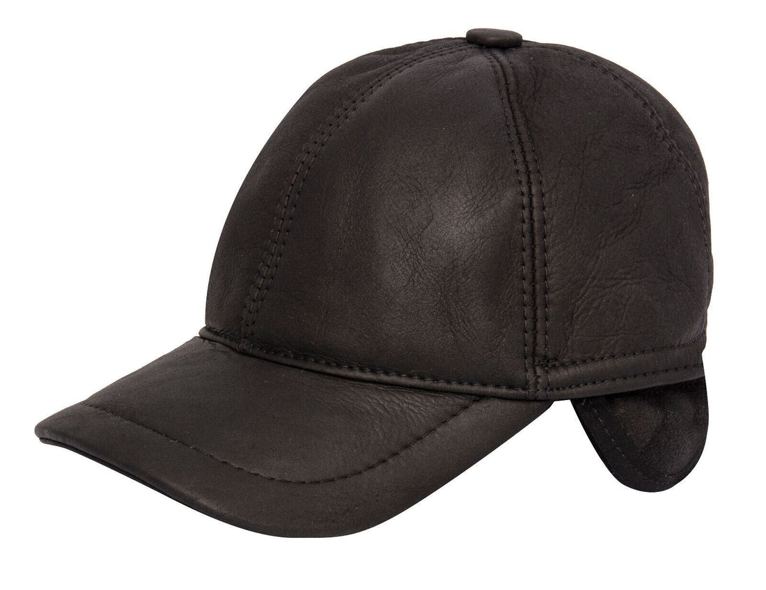 Mens Real Sheepskin Baseball Cap Black Leather Shearling Snapback Winter Hat - Upperclass Fashions 