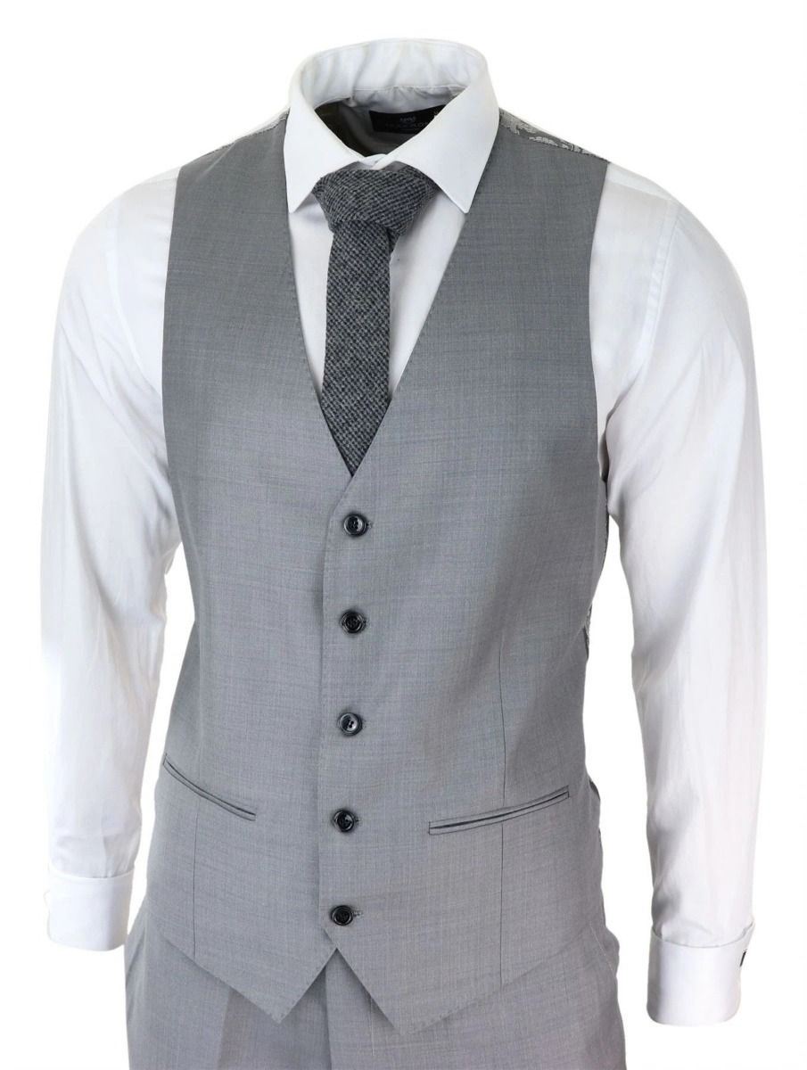 Mens 3 Piece Light Grey Classic Stitch Retro Suit