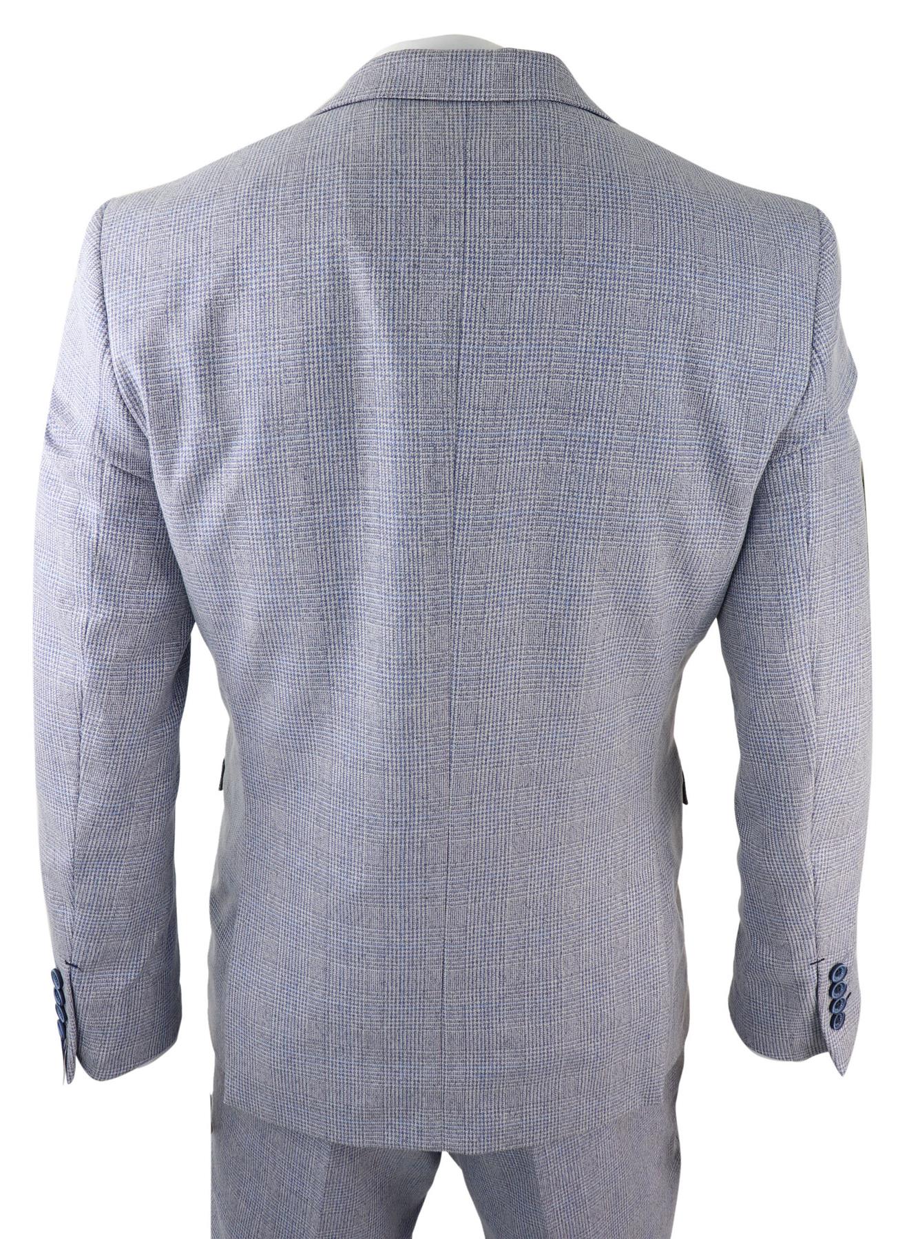 Mens 3 Piece Tweed Suit Light Blue Check Peaky Blinders 1920 Gatsby Wedding Suit