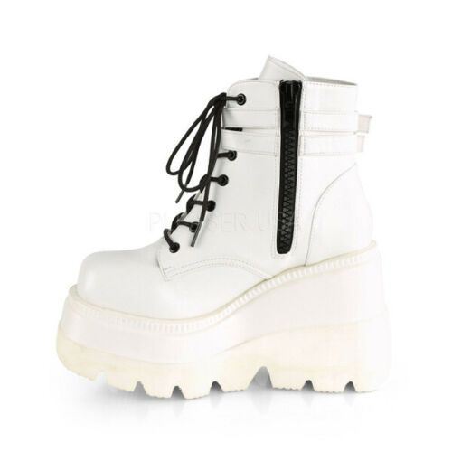 Demonia Shaker 52 White Stacked Wedge Ankle Boots