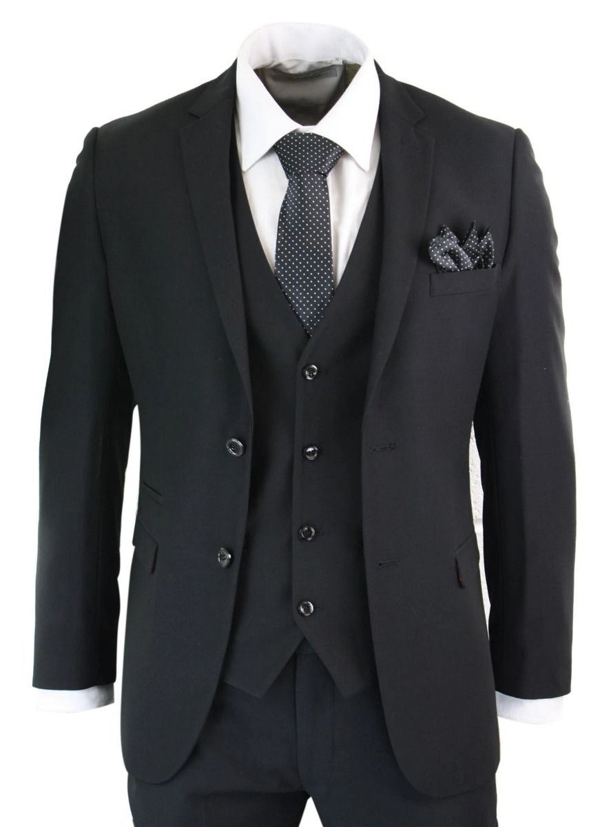 Mens 3 Piece Plain Black Classic Retro Suit
