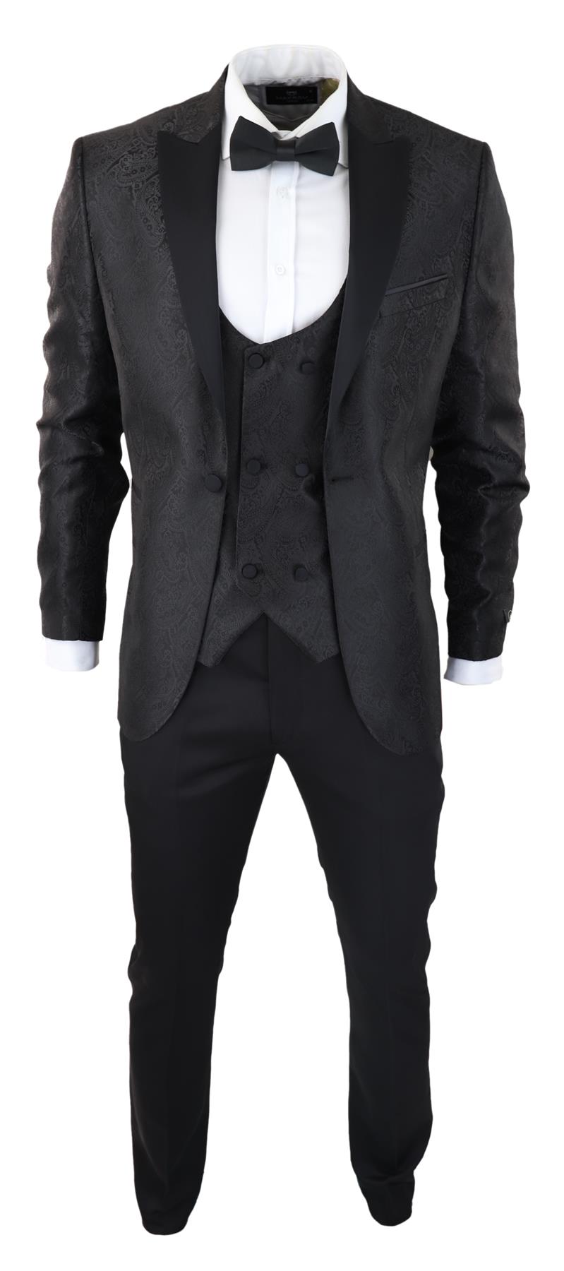 Mens Black Tuxedo Blazer Waistcoat Brocade Satin Paisley Formal Dinner Jacket