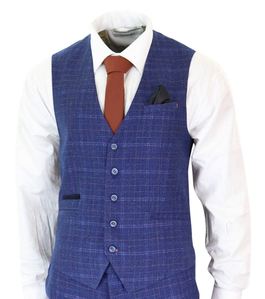 Mens 3 Piece Blue Tweed Check Vintage Classic Suit