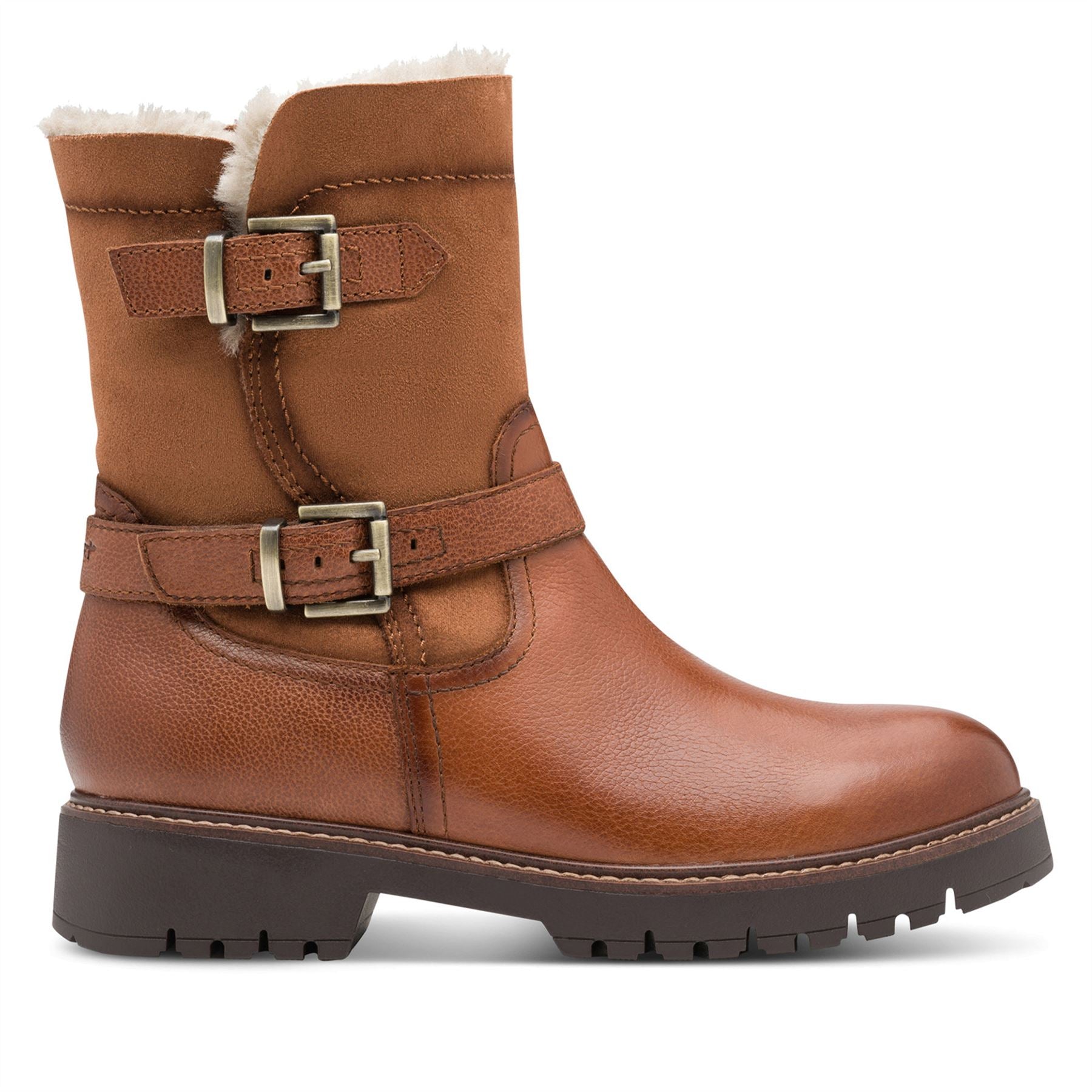 Tamaris Womens Winter Cognac Tan Brown Leather Buckle Zip Biker Ankle Boots