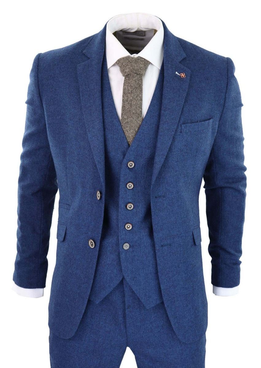 Mens 3 Piece Blue Tweed Wool Twill Vintage Classic Suit
