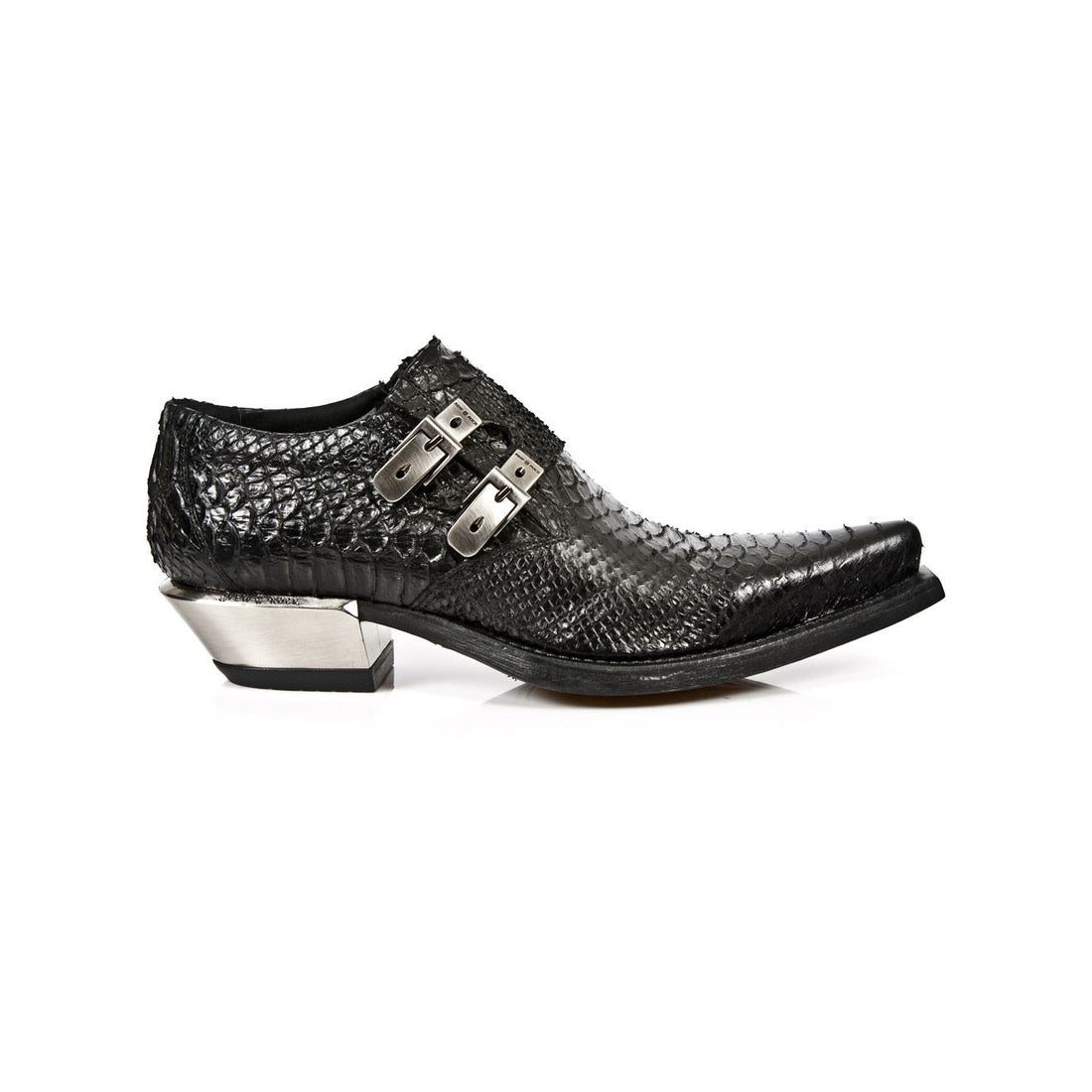 New Rock Embossed Python Black Leather Buckled Shoes-7934-S2