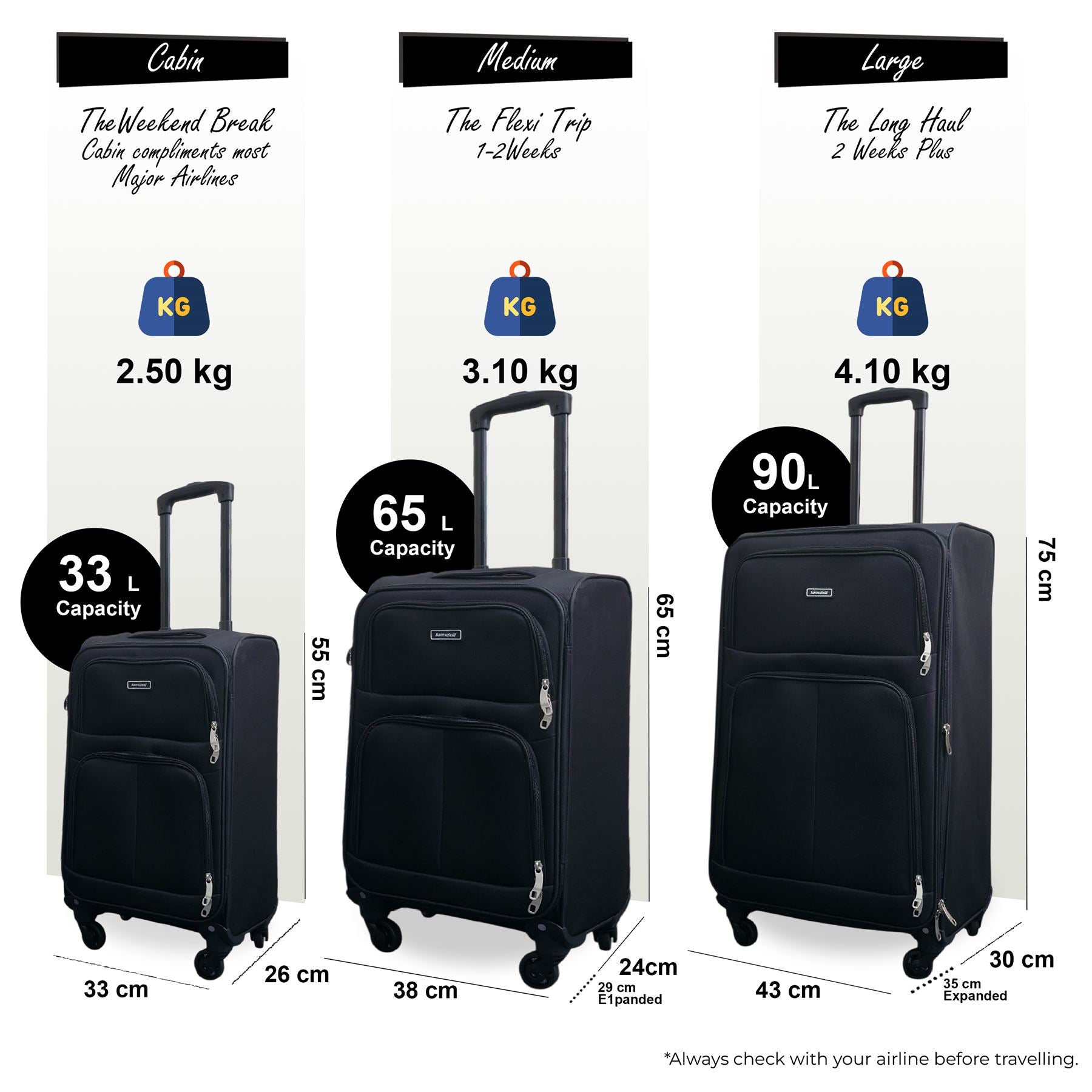 Tahara Set of 3 Soft Shell Suitcase in Black
