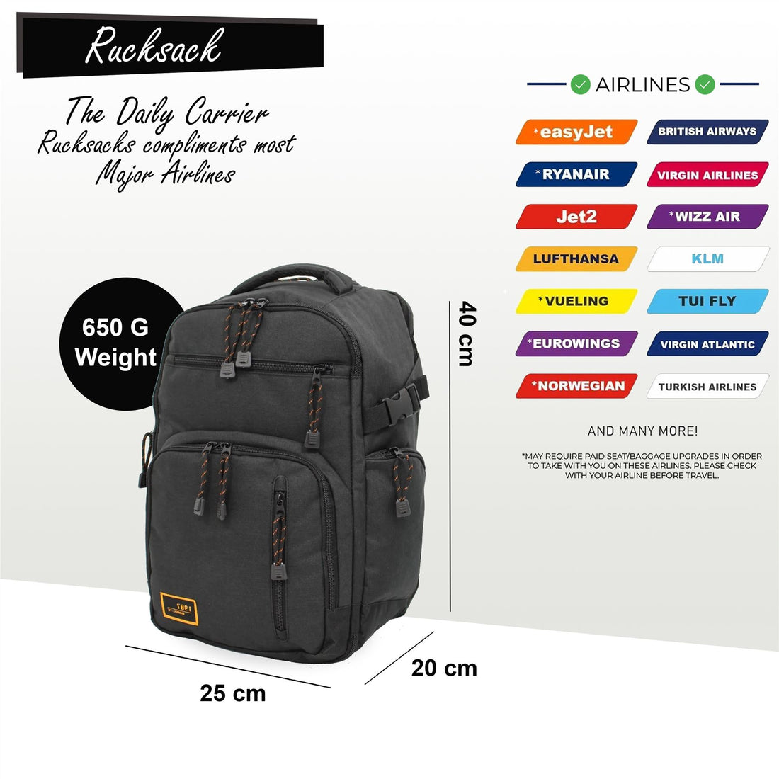 Backpack Rucksack 40x20 x25 cm Underseat Travel Cabin Bag for Ryanair, Easy Jet Black