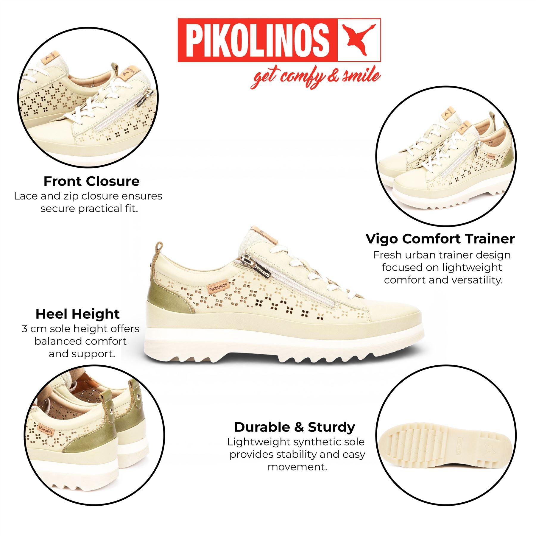 Pikolinos Women’s Apple Green Leather Lace Up Zip Trainer Sneaker Shoes - Vigo