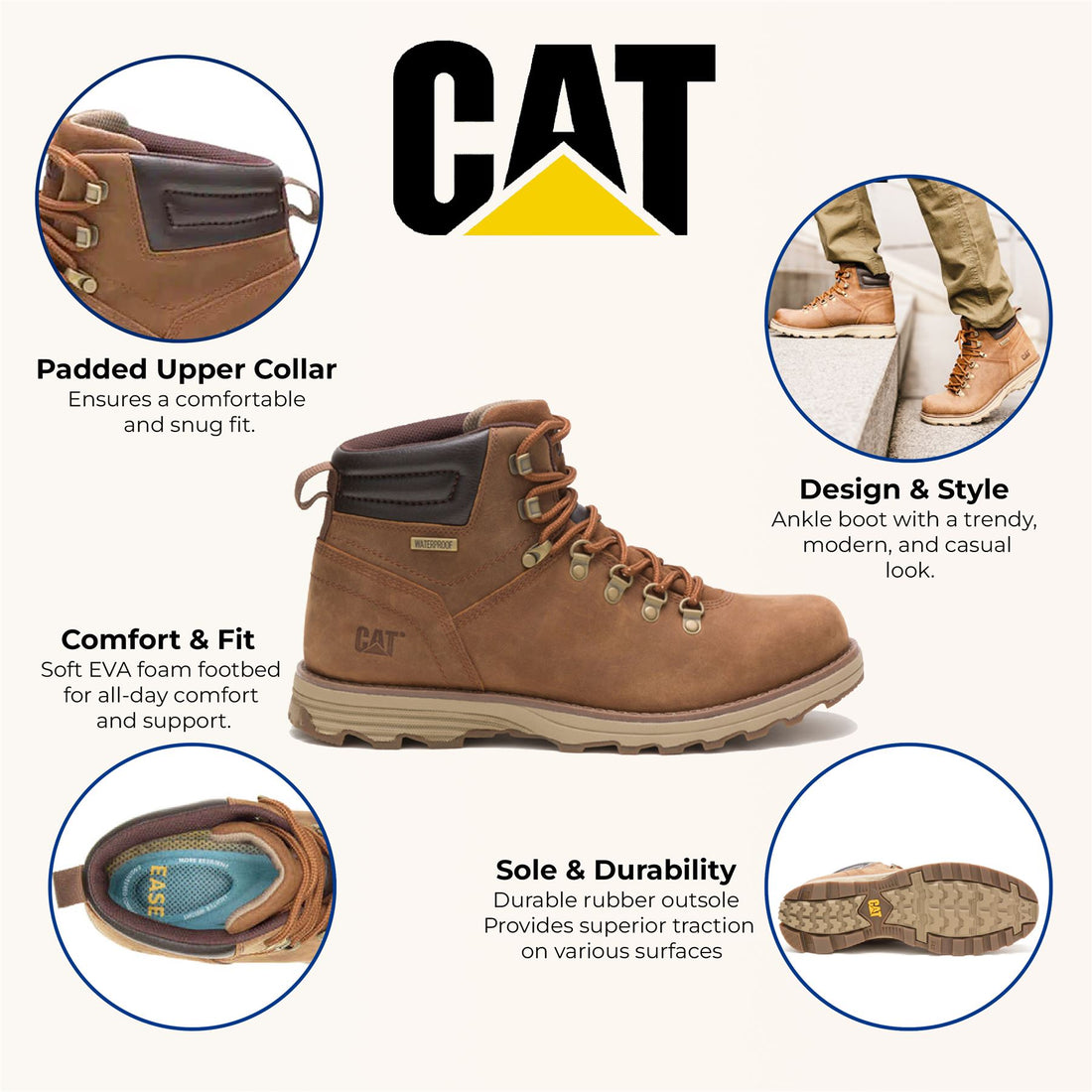 CAT (Caterpillar) Mens Sire Waterproof Brown Sugar Leather CAT Safety Work Boots