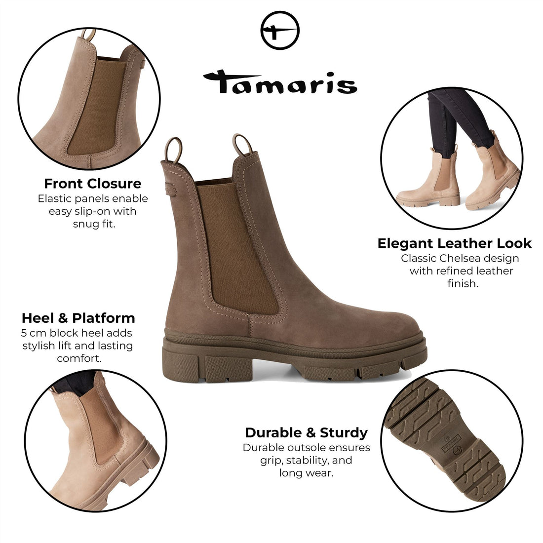 Tamaris Womens Dune Taupe Brown Leather Classic High Pull-On Chelsea Ankle Boots