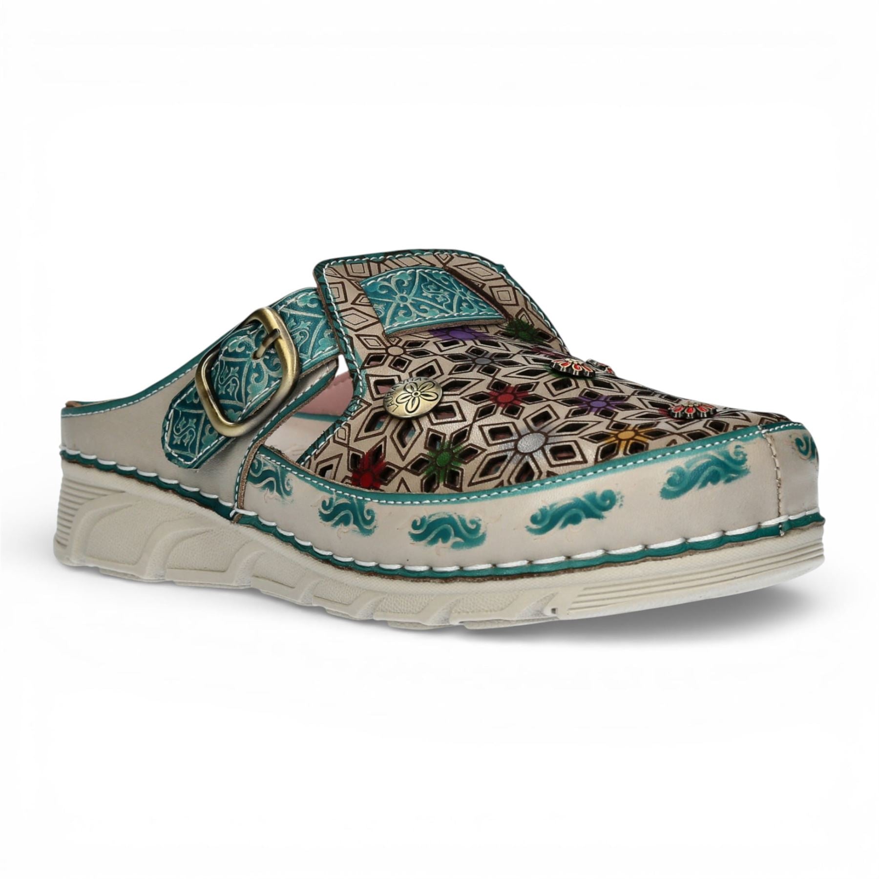 Laura Vita Women’s Dorry 01 Floral Blue Leather Wedge Slipper Sandals