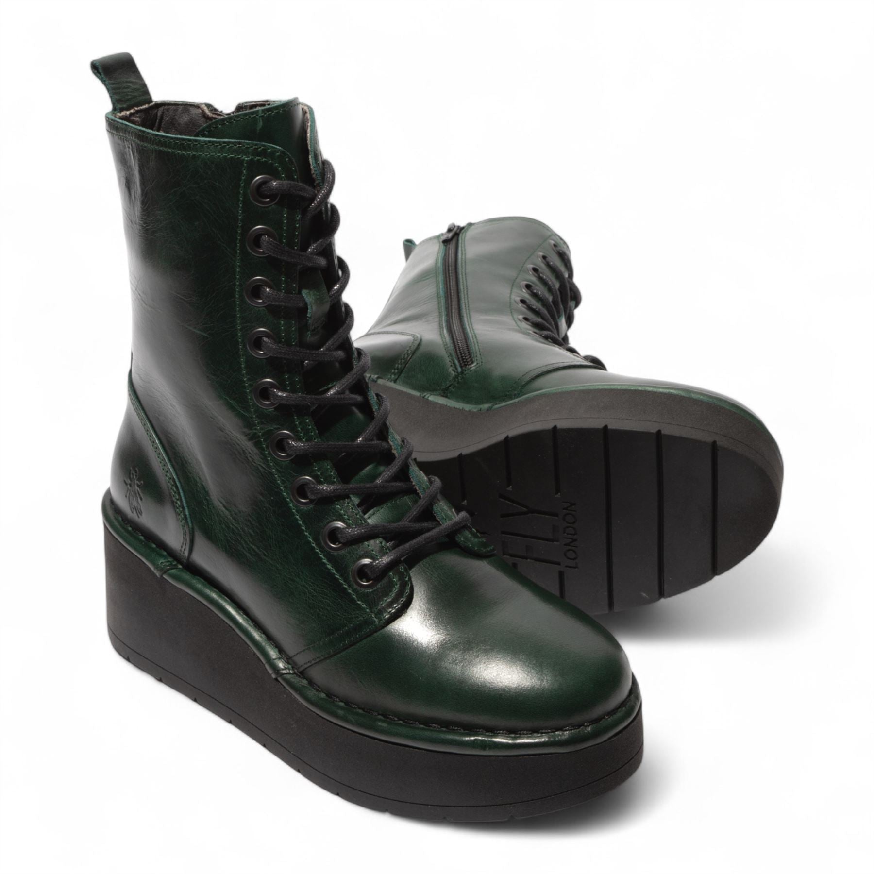 Fly London Womens Petrol Green HAIT273 Leather Lace-up Chunky Platform Ankle Boots