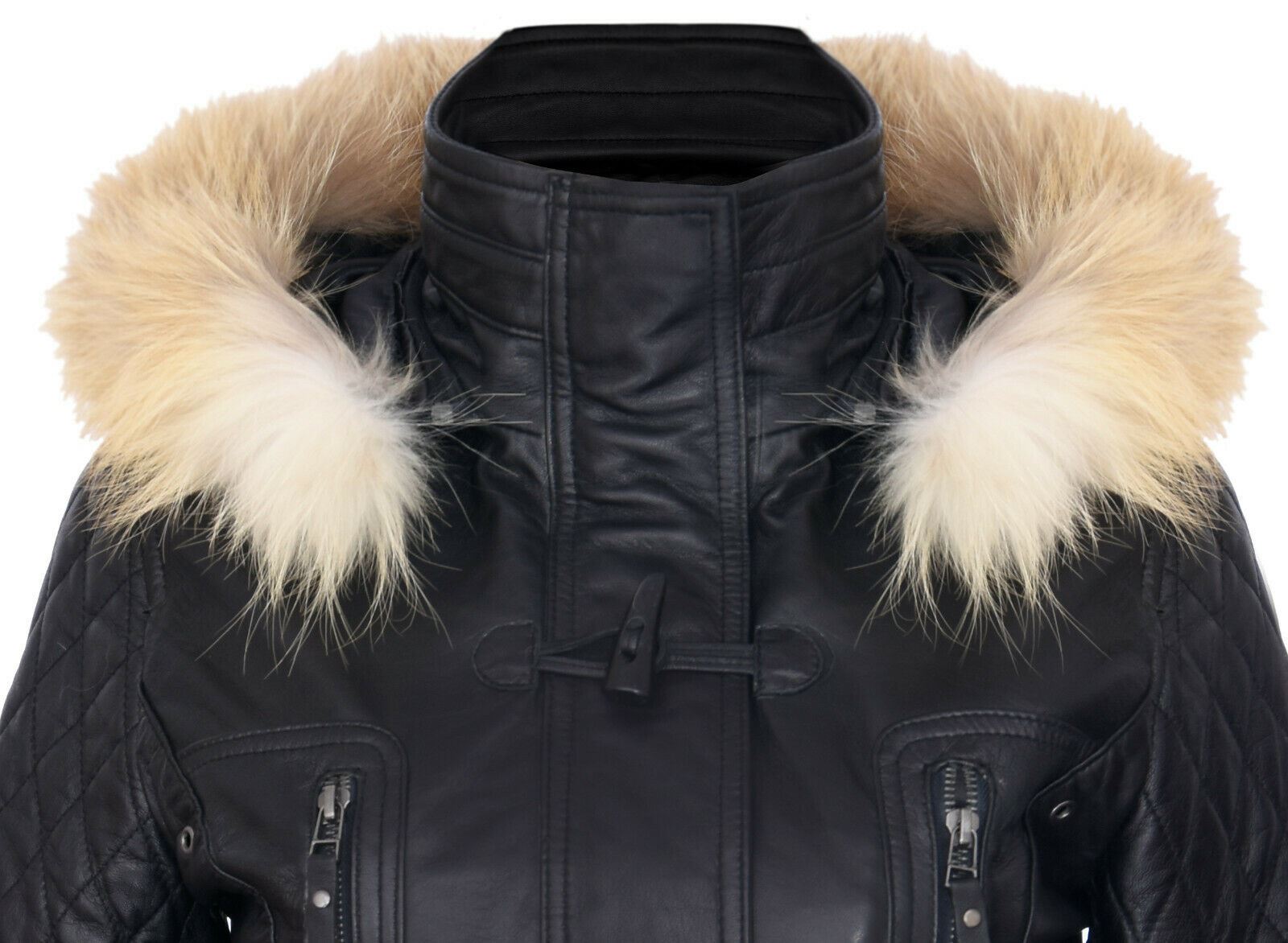 Womens Quilted Leather Hooded Parka Jacket-Northampton