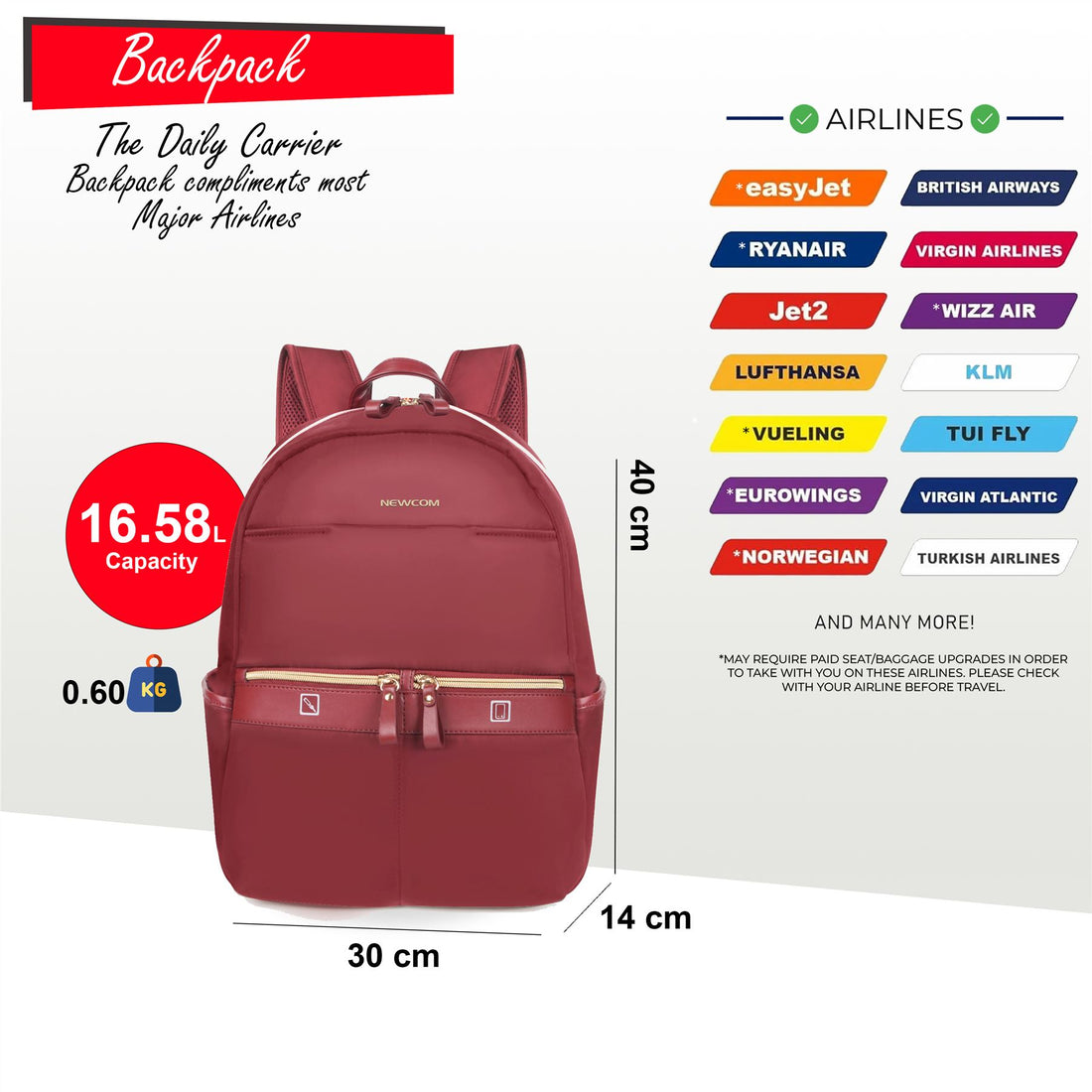 Backpack Rucksack 40 x 30 x 14 cm Red Underseat Travel Cabin Bag for Ryanair, Easy Jet