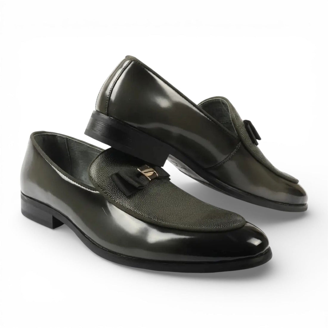 Mens Olive Green Textured Front Iconic Buckle Bow Loafers Shoes