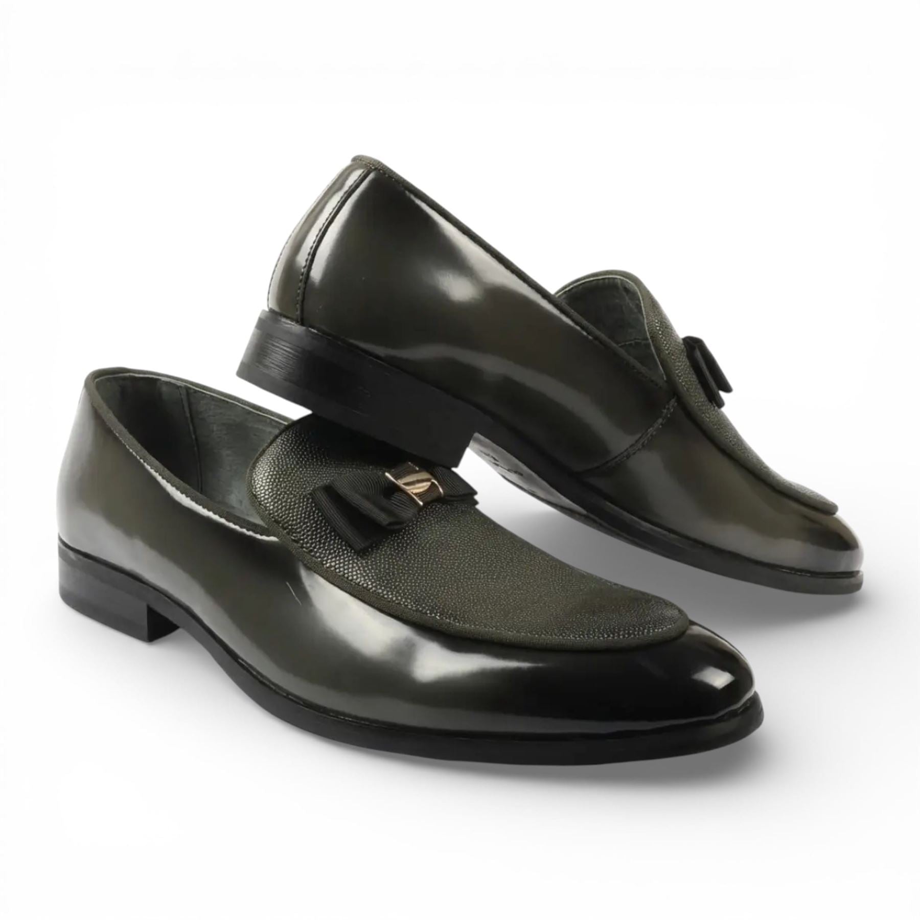 Mens Olive Green Textured Front Iconic Buckle Bow Loafers Shoes