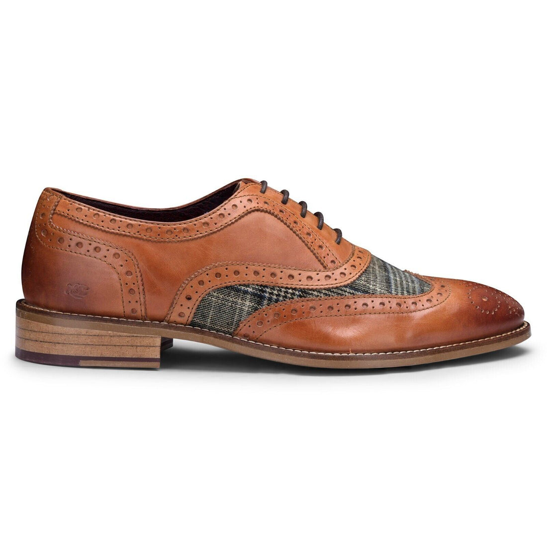 Mens Classic Oxford Tan Leather Gatsby Brogue Shoes with Tweed - Upperclass Fashions 