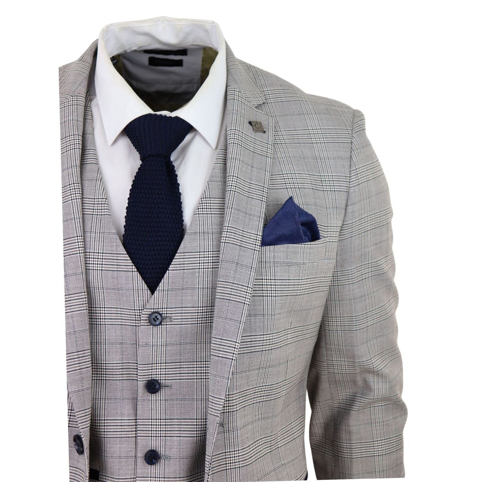 Mens Grey 3 Piece Tan Brown Check Tailored Fit Suit