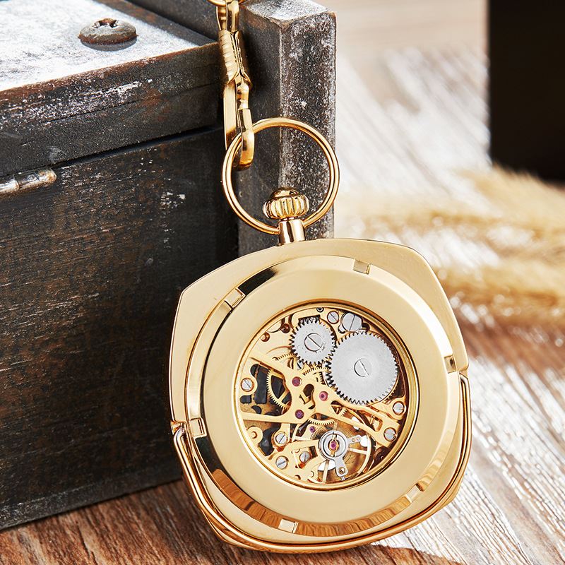 Mechanical Vintage Skeleton Square Open-Face Pocket Watch