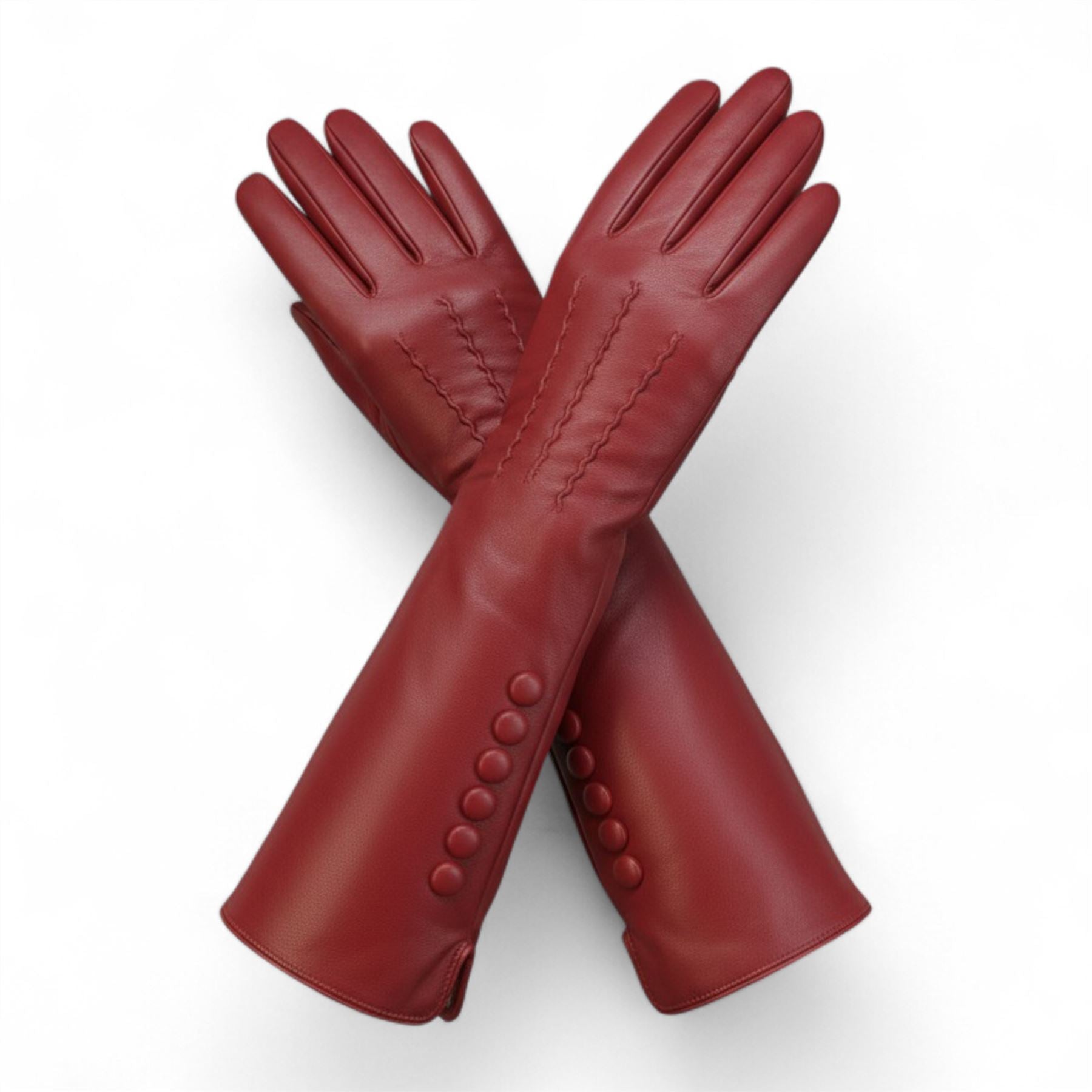 Womens Long Italian Leather Winter Button Design Soft Wool Lining Gloves - L-GLV-201
