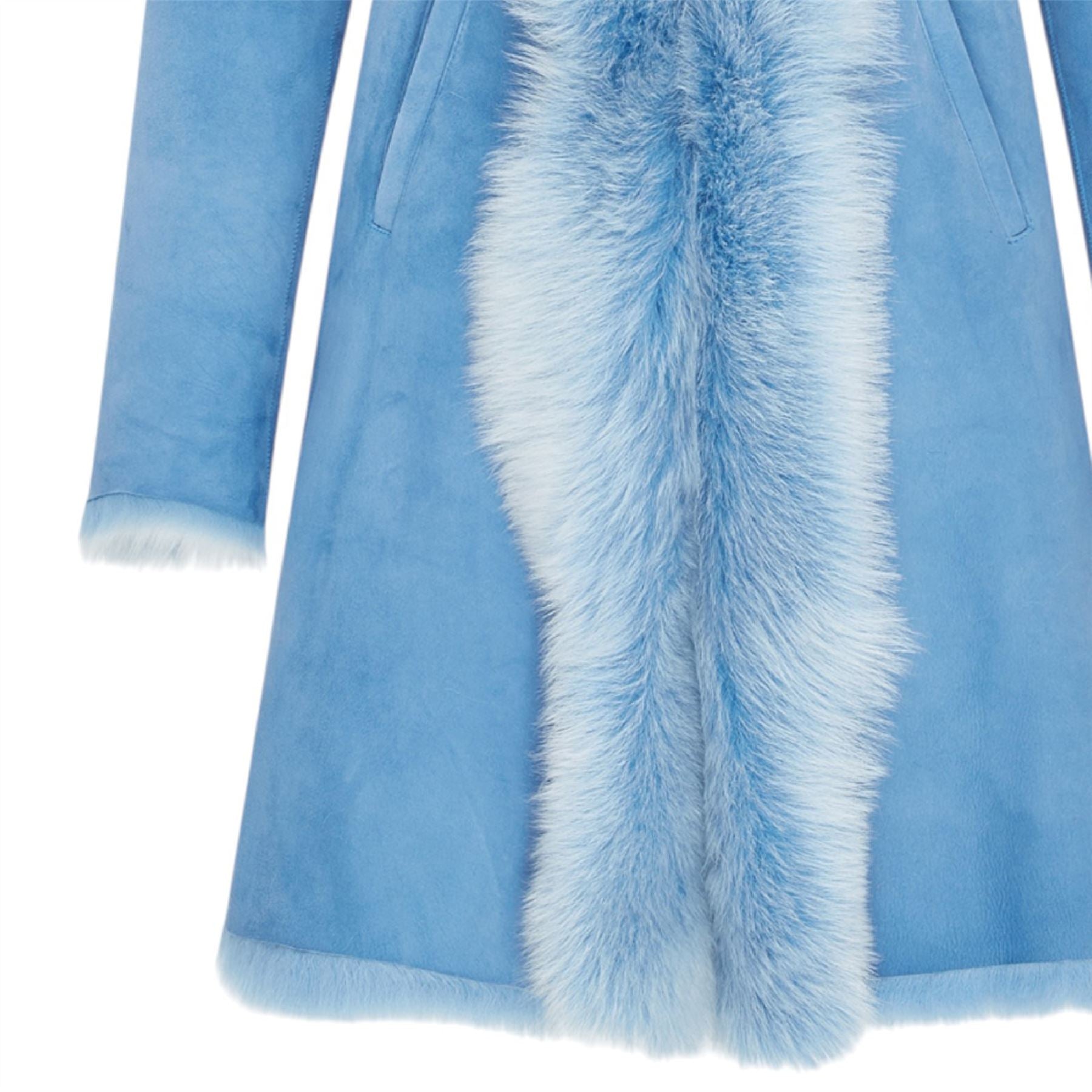 Womens Blue Toscana Sheepskin Suede Leather Hooded Trench Coat - Aura