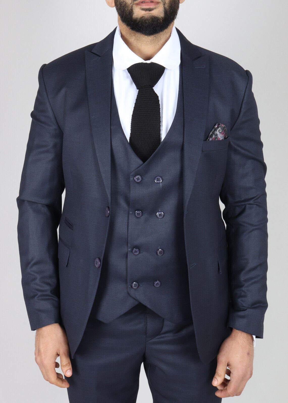 Mens IM1 Double Brusted Plain Navy 3 Piece Suit