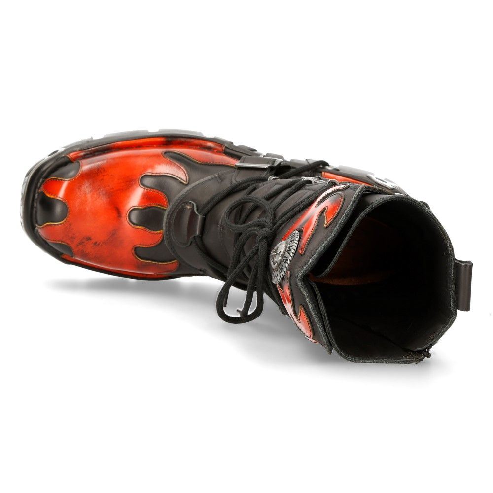 New Rock Flame Accented Black/Red Leather Boots- 591-S1
