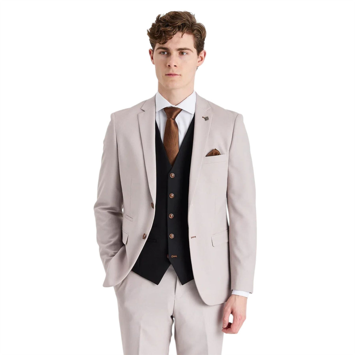 Mens Cream Suit with Black Waistcoat 3 Piece Wedding Suit - Mayfair