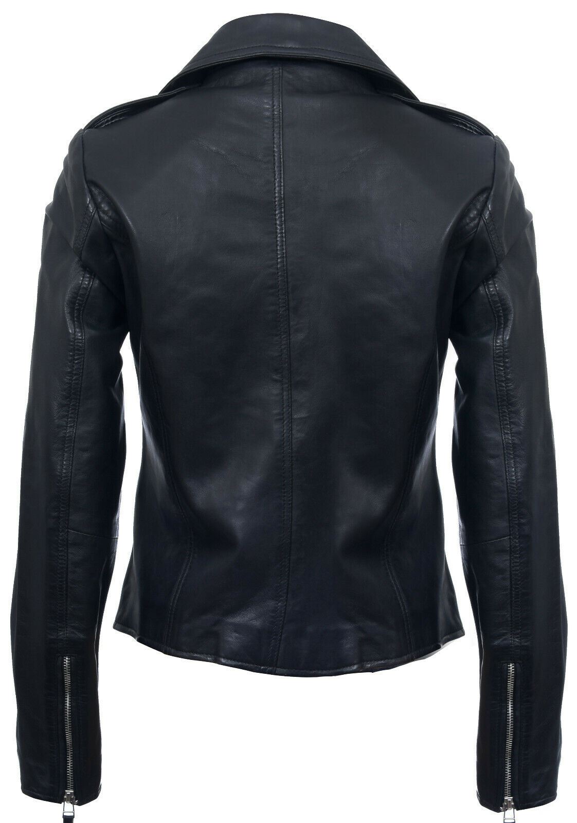 Womens Classic Black Leather Biker Jacket-Maryport