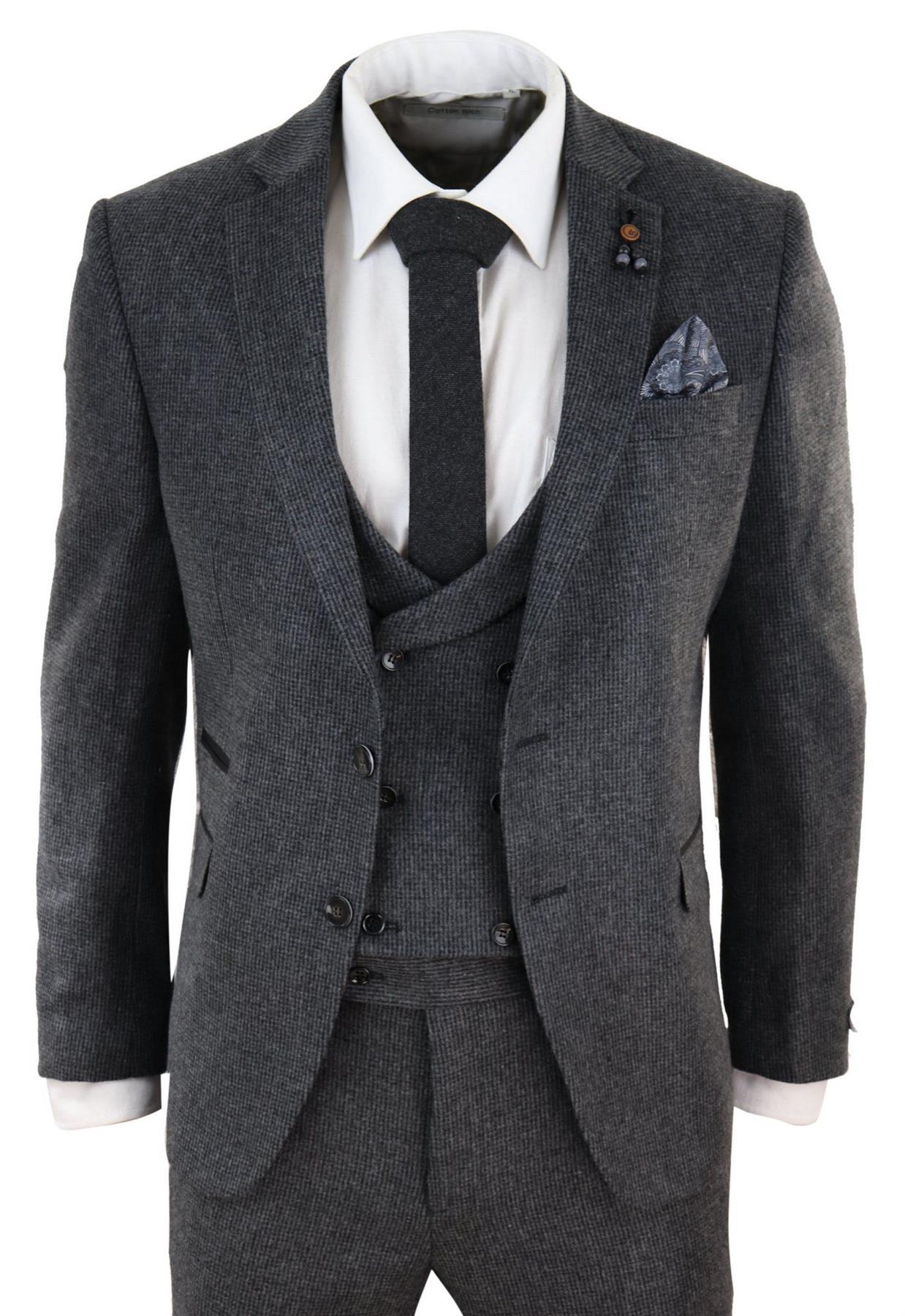Mens Grey 3 Piece Tweed Suit Vintage Harringbone 1920s Retro Peaky Blinders
