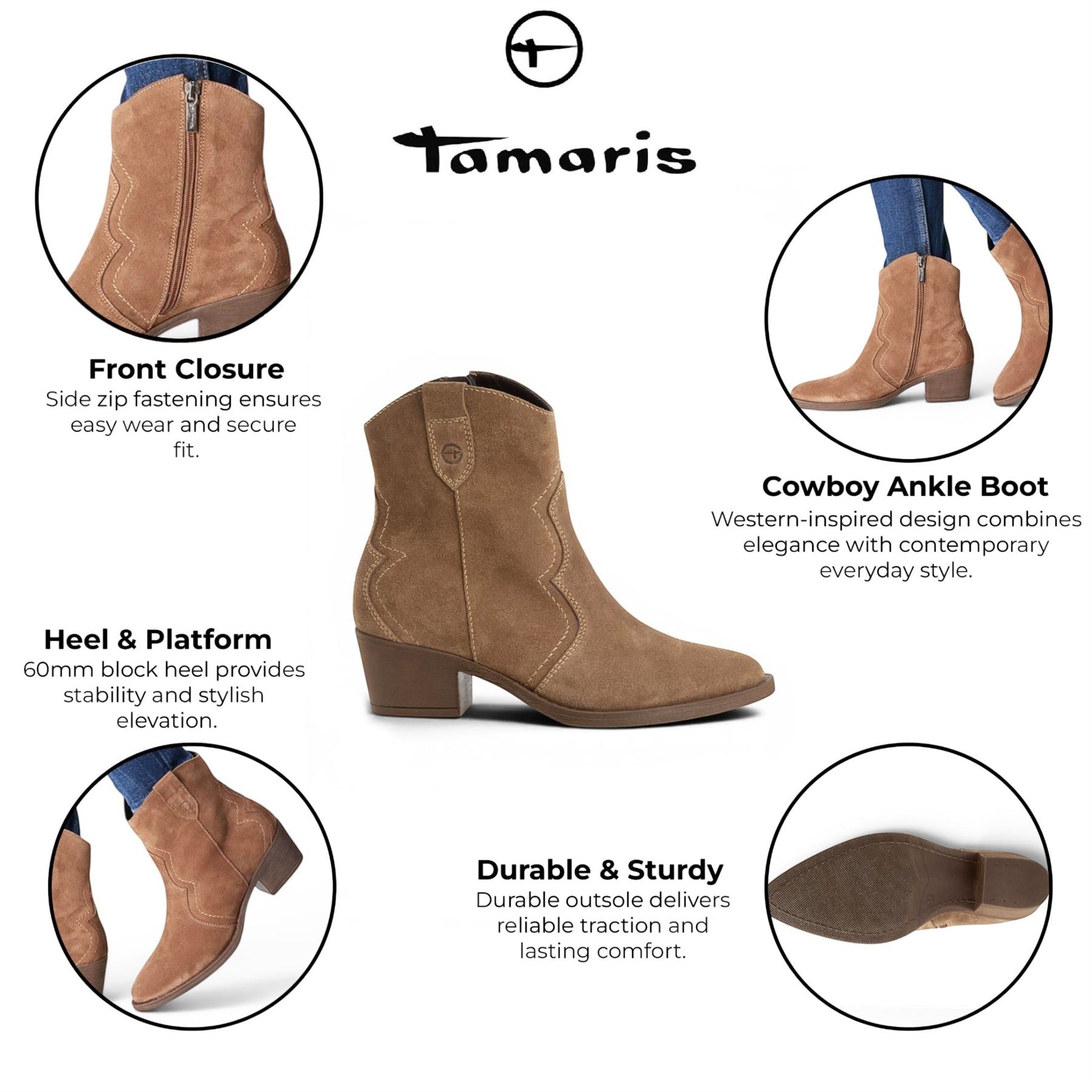 Tamaris Women’s Camel Brown Suede Leather Cowboy Western Ankle Boots - 25702-41