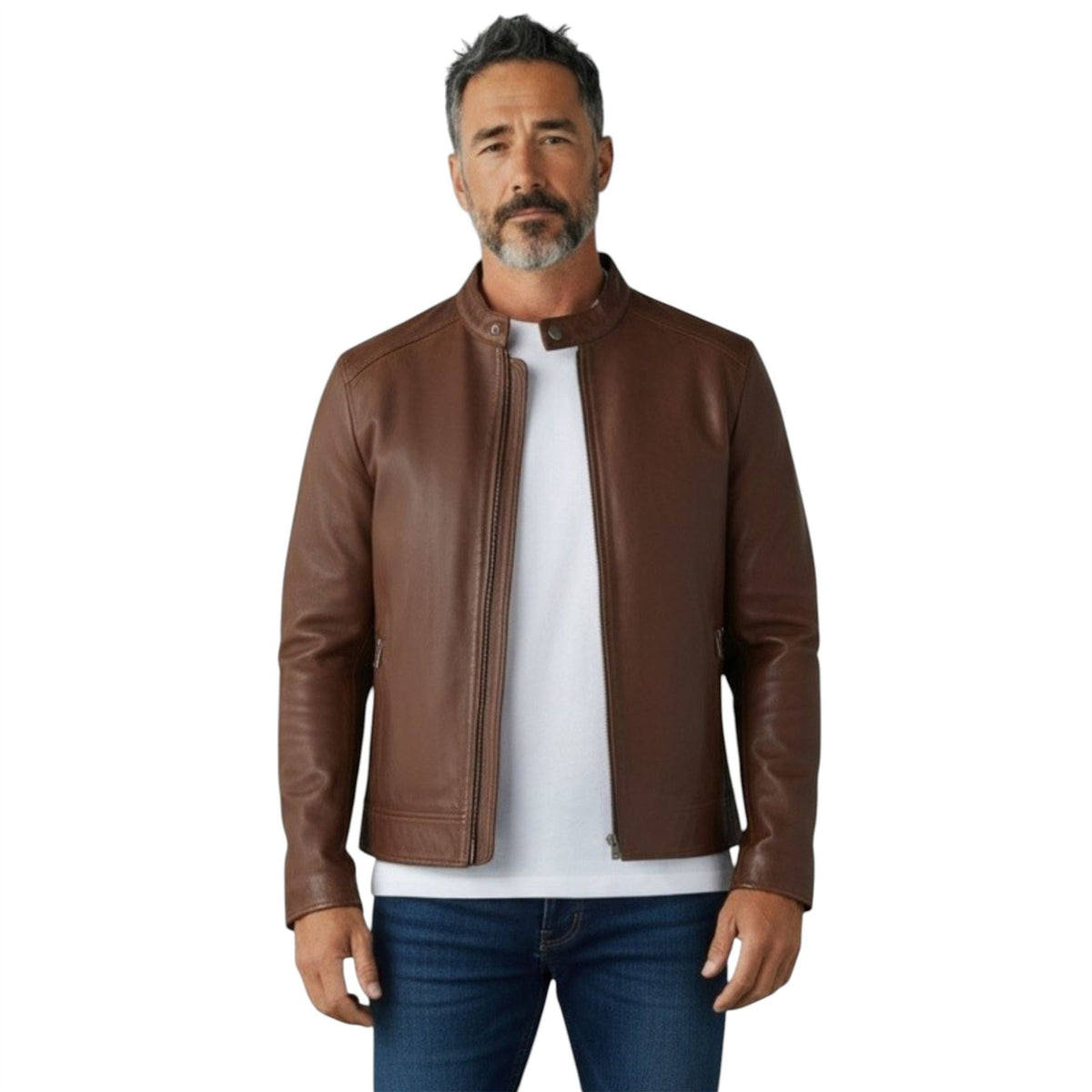 Mens Leather Stand Collar Cafe Racer Biker Jacket - E184