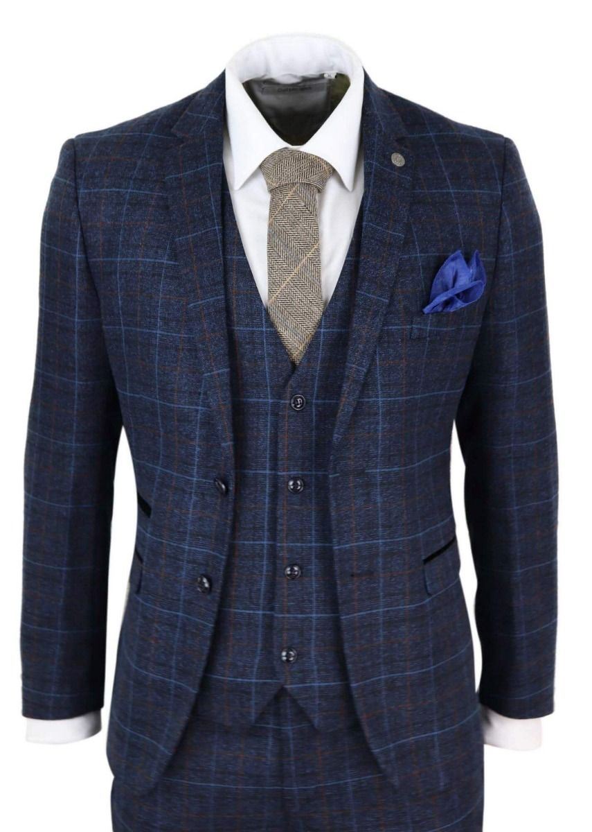 Mens 3 Piece Navy Blue Tweed Check Vintage Suit
