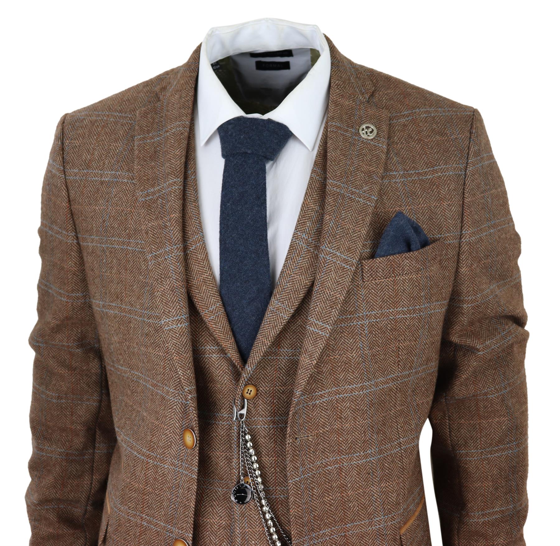 Mens 3 Piece Wool Suit Oak Brown Tweed Herringbone Check Peaky Blinders Gatsby