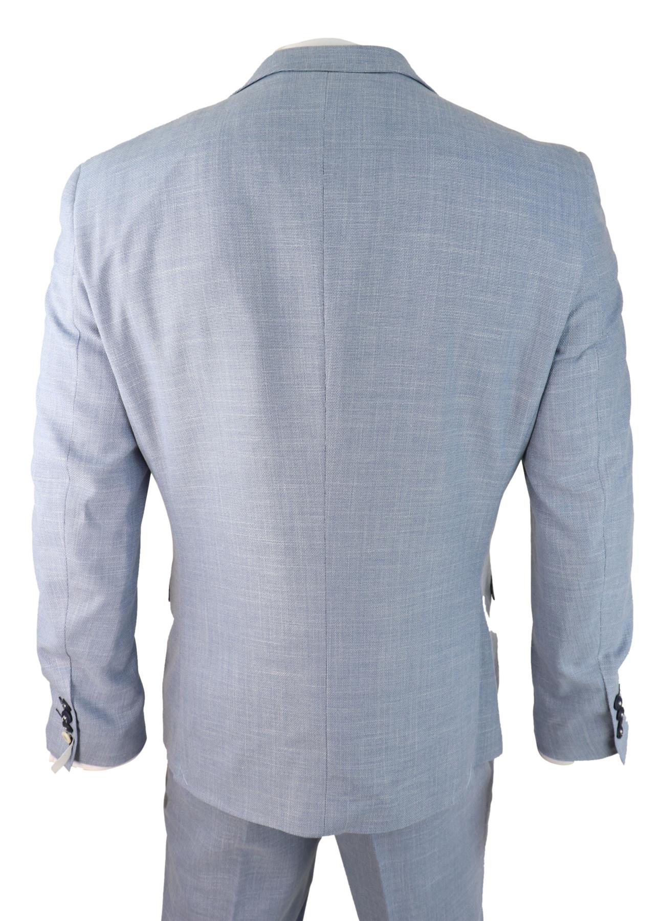 Mens 3 Piece Linen Suit Light Blue Summer Tailored Fit Wedding Prom Classic Suit