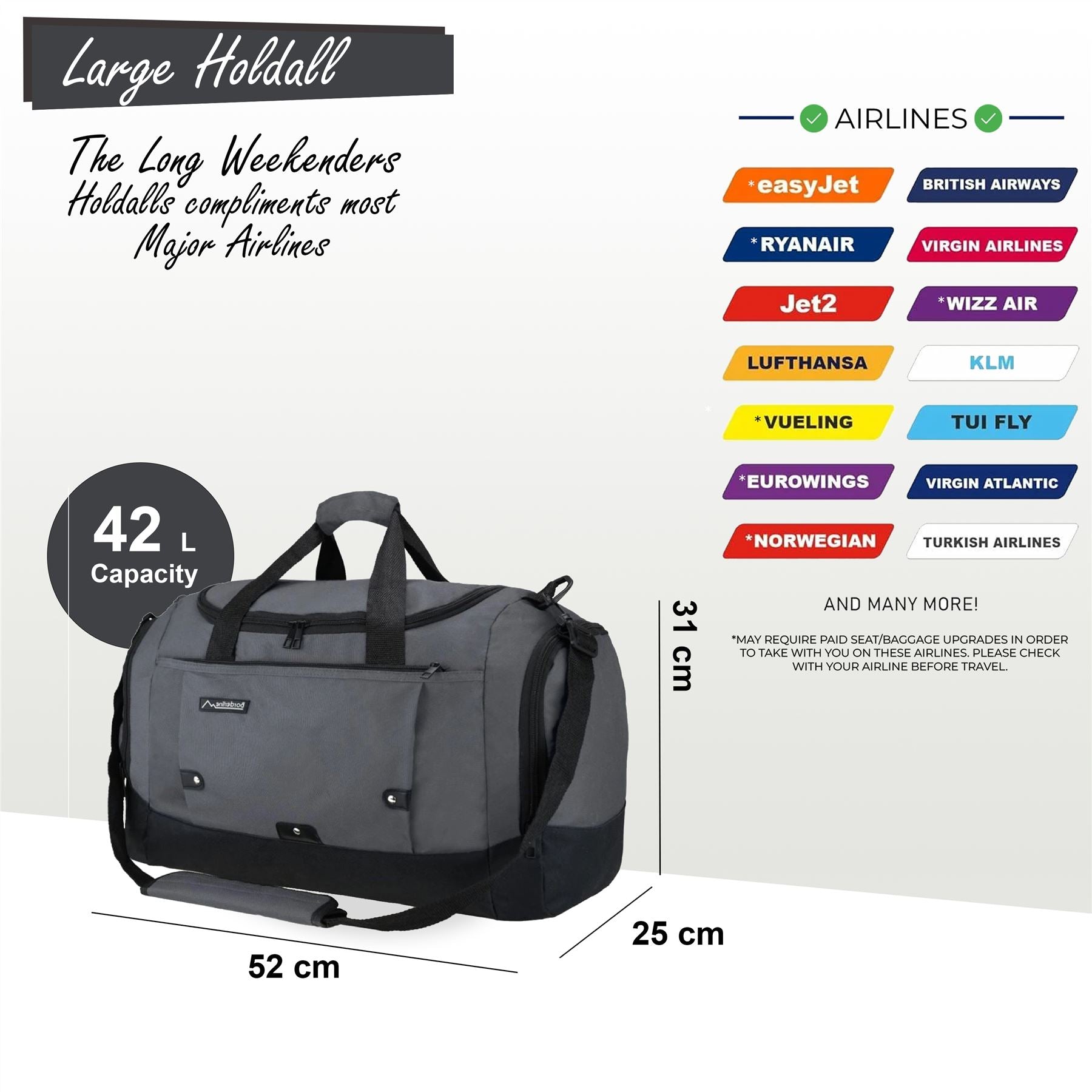 Large Duffel Weekend Holdall Carry-On Cabin Bag Gym Sports Travel Bag Grey