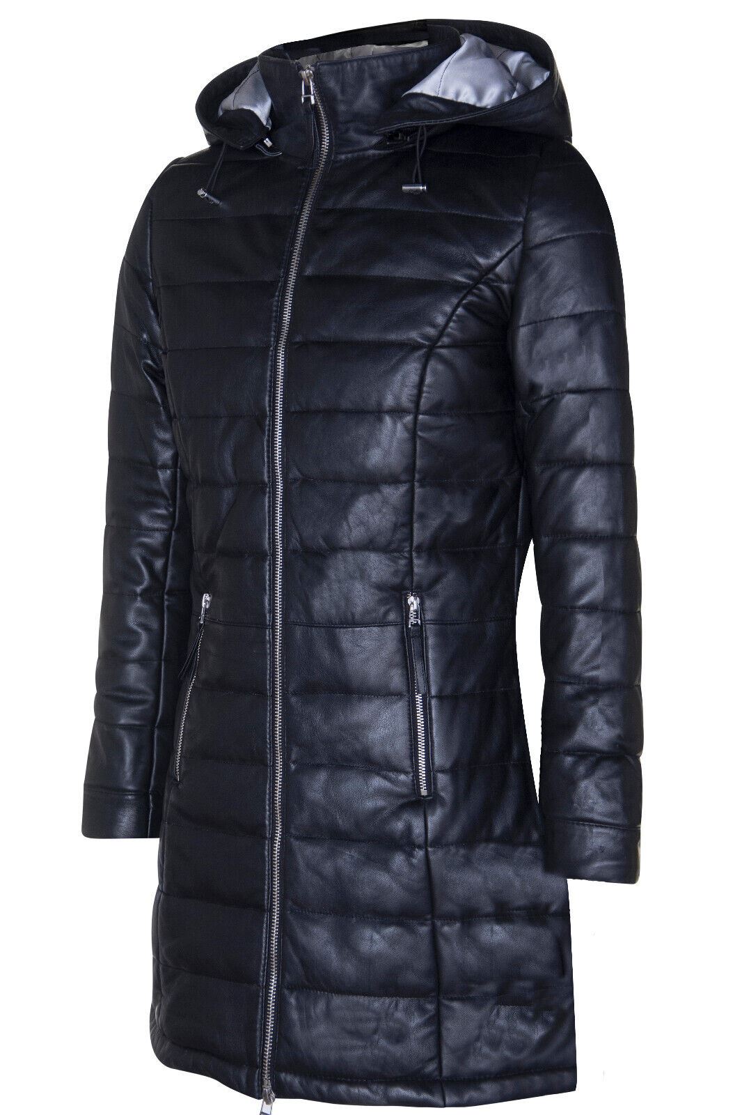 Womens Hooded Leather Puffer Parka Jacket-Oldham - Upperclass Fashions 
