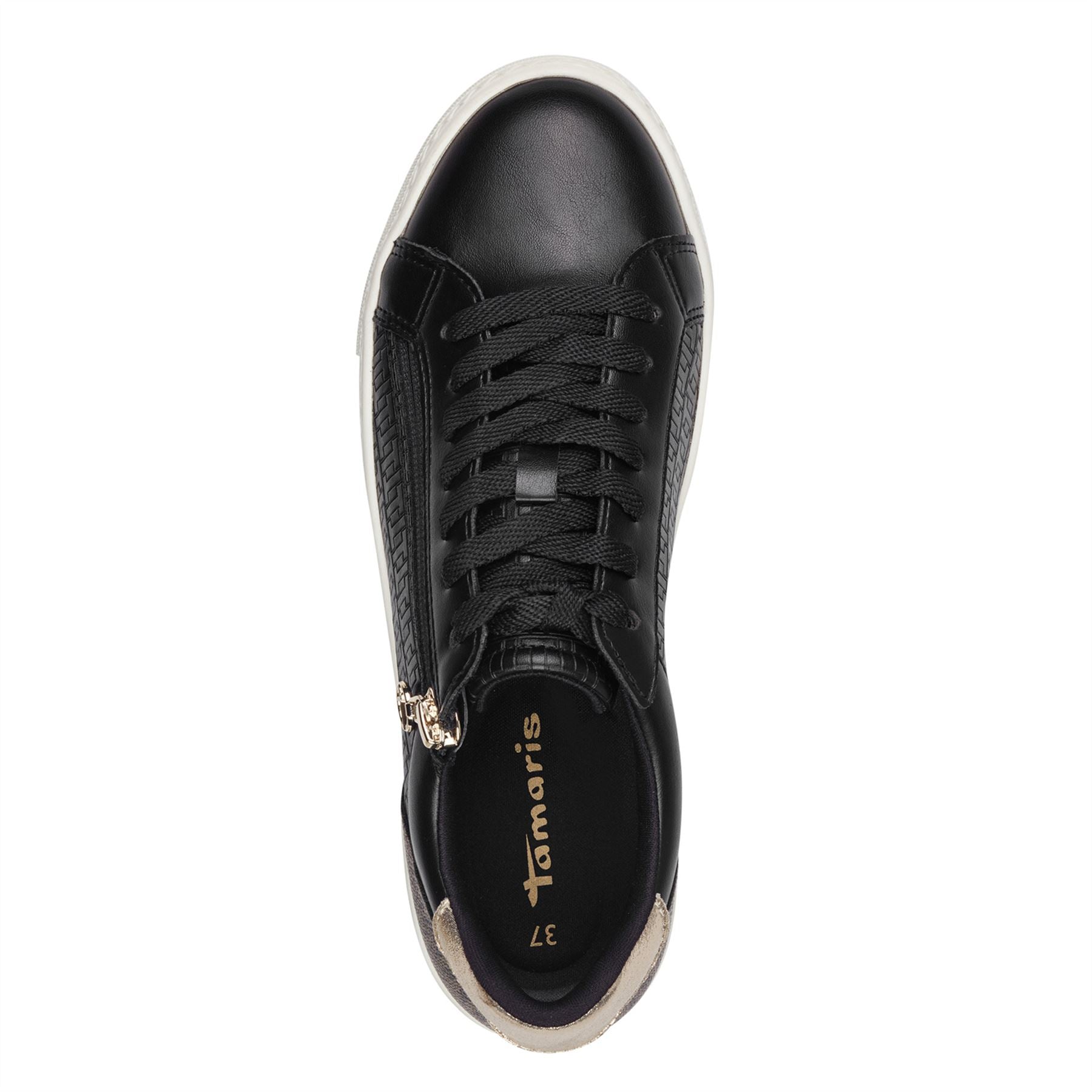 Tamaris Womens Black Gold Faux Leather Fashion Lace Up Sneakers