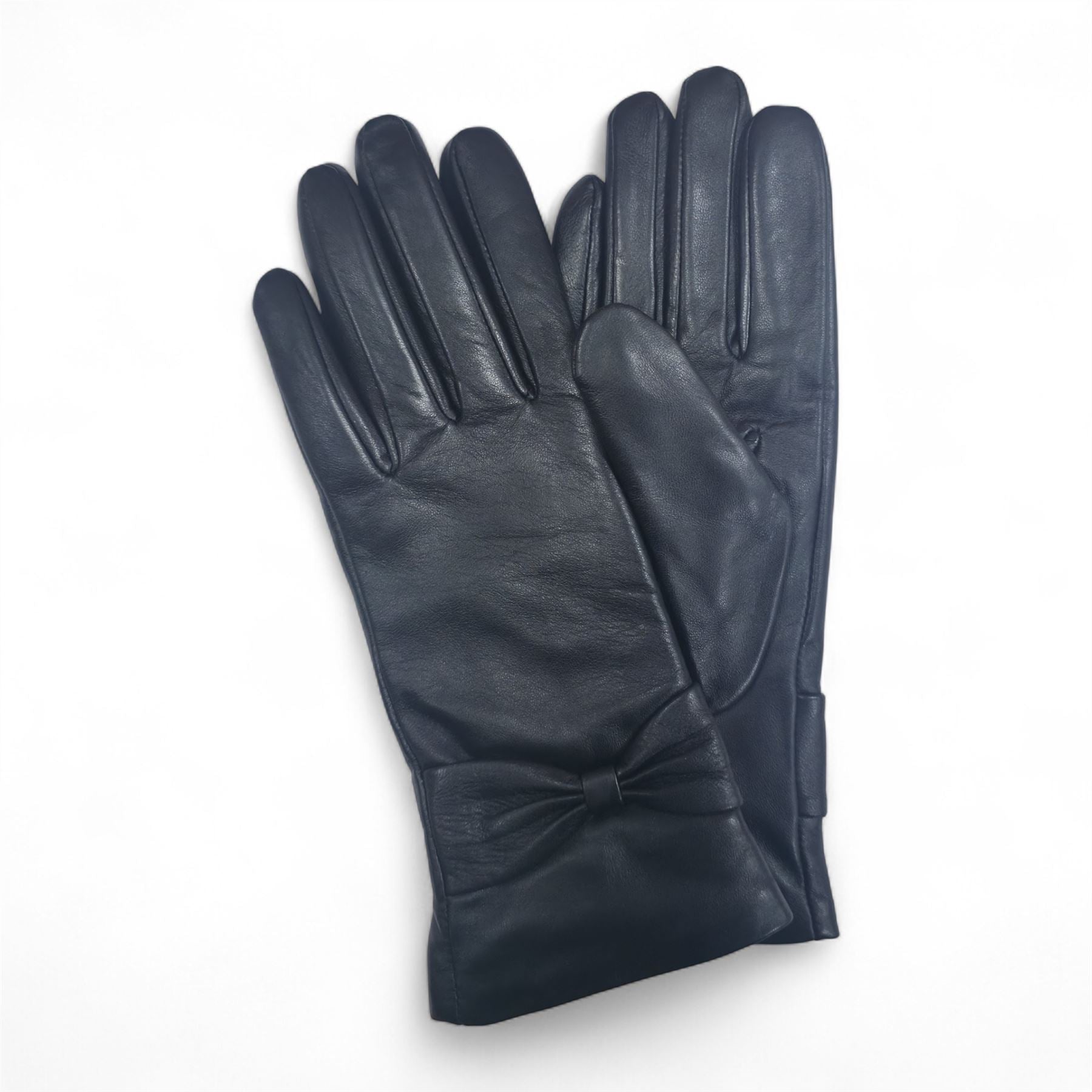 Womens Italian Leather Winter Bow Design Soft Wool Lining Gloves - L-GLV-401