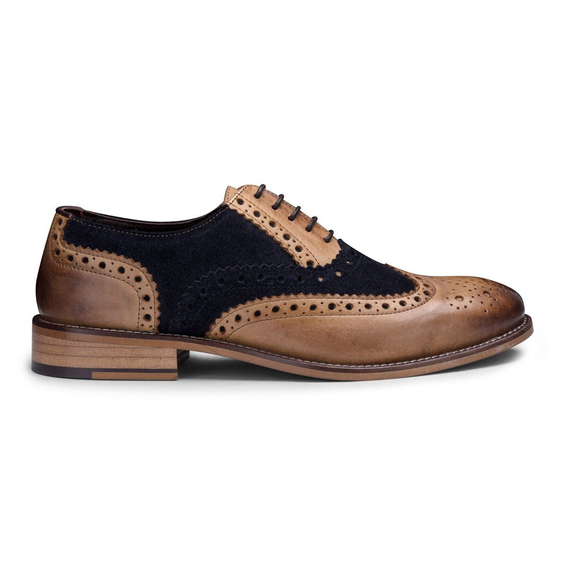 Mens Classic Oxford Tan Leather Gatsby Brogue Shoes with Navy Suede - Upperclass Fashions 