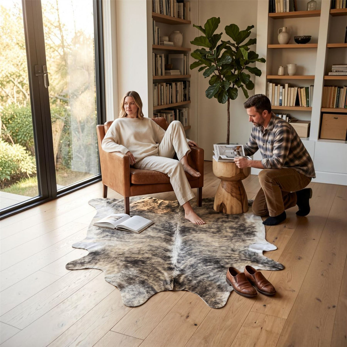 Natural Cow Leather Cowhide Hairon Rug - Light Brindle
