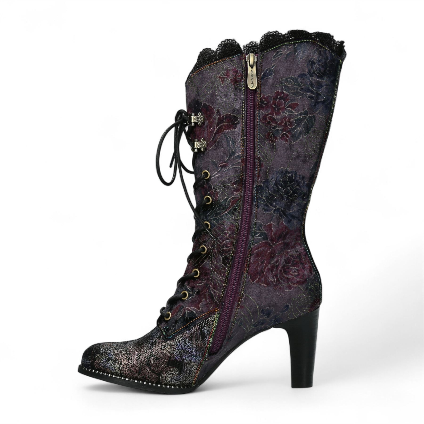 Laura Vita Alcbane 0351 Violet Floral Womens Gothic Victorian Leather Heeled High Boots