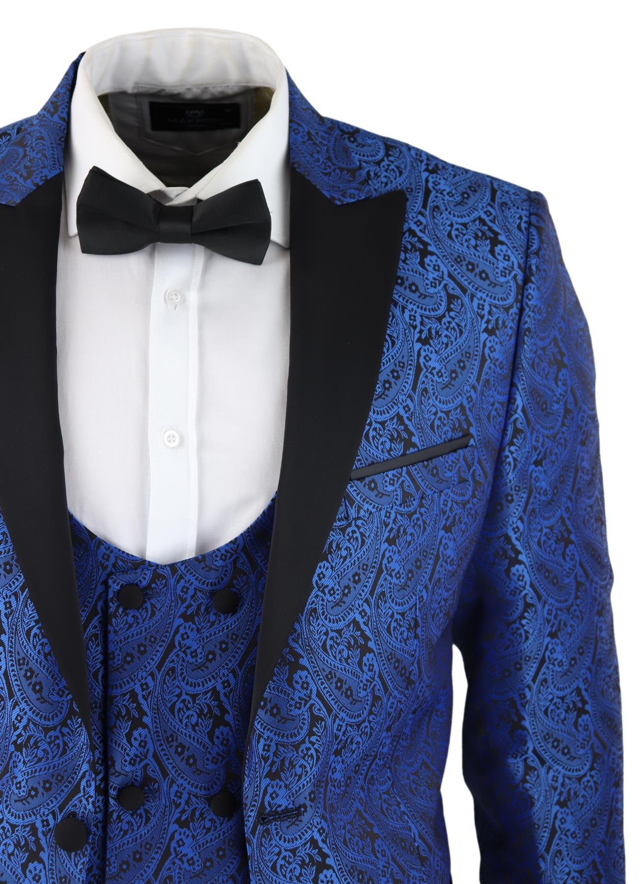 Mens Blue Tuxedo Blazer Waistcoat Brocade Black Satin Paisley Dinner Jacket