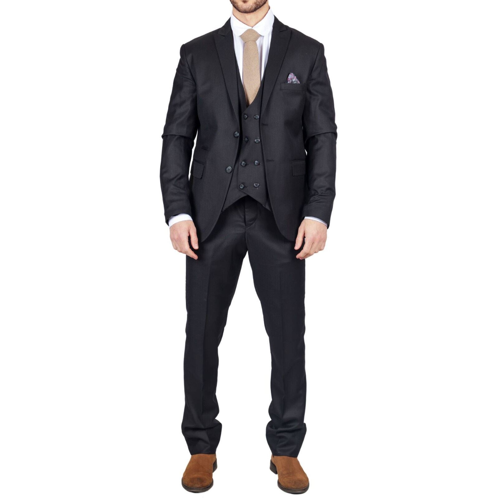 Mens IM1 Double Brusted Plain Black 3 Piece Suit